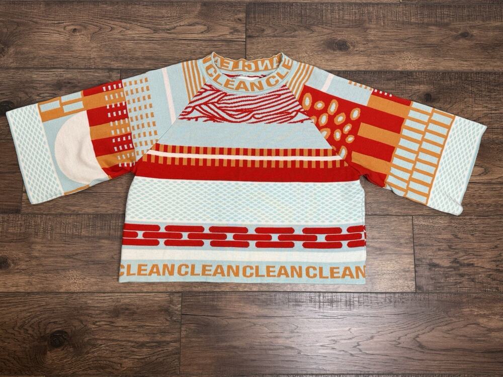 Henrik Vibskov Clean Sweater 100% Wool Mint Orange Graphic Print Sz Large